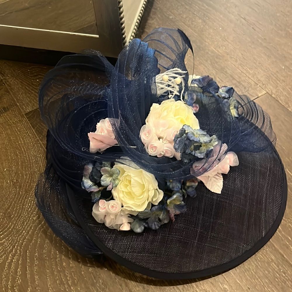 Navy custom floral fancy Derby hat, handmade
